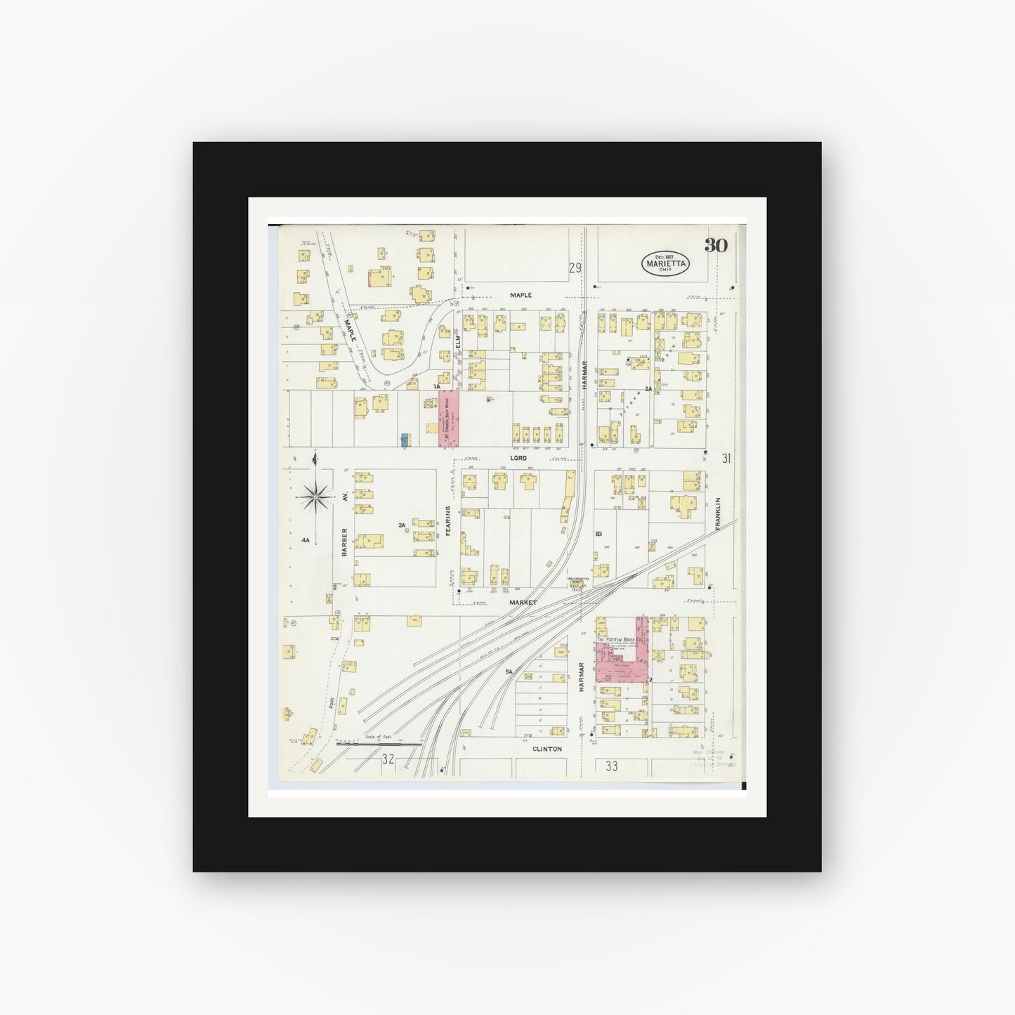 Old map wall art mockup — black gallery frame with white mat — Sanborn Fire Insurance Map from Marietta, Washington County, Ohio (1907), Sheet #0030