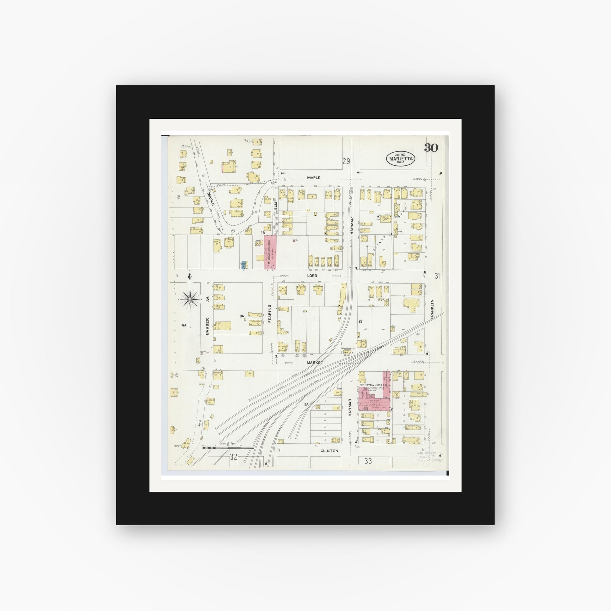 Old map wall art mockup — black gallery frame with white mat — Sanborn Fire Insurance Map from Marietta, Washington County, Ohio (1907), Sheet #0030