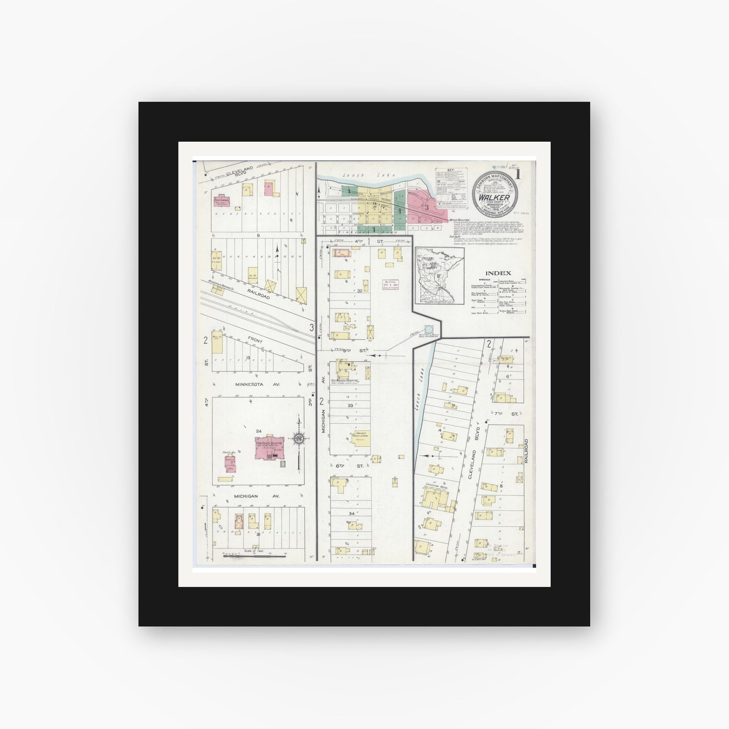 Old map wall art mockup — black gallery frame with white mat — Sanborn Fire Insurance Map from Walker, Cass County, Minnesota (1914), Sheet #0001