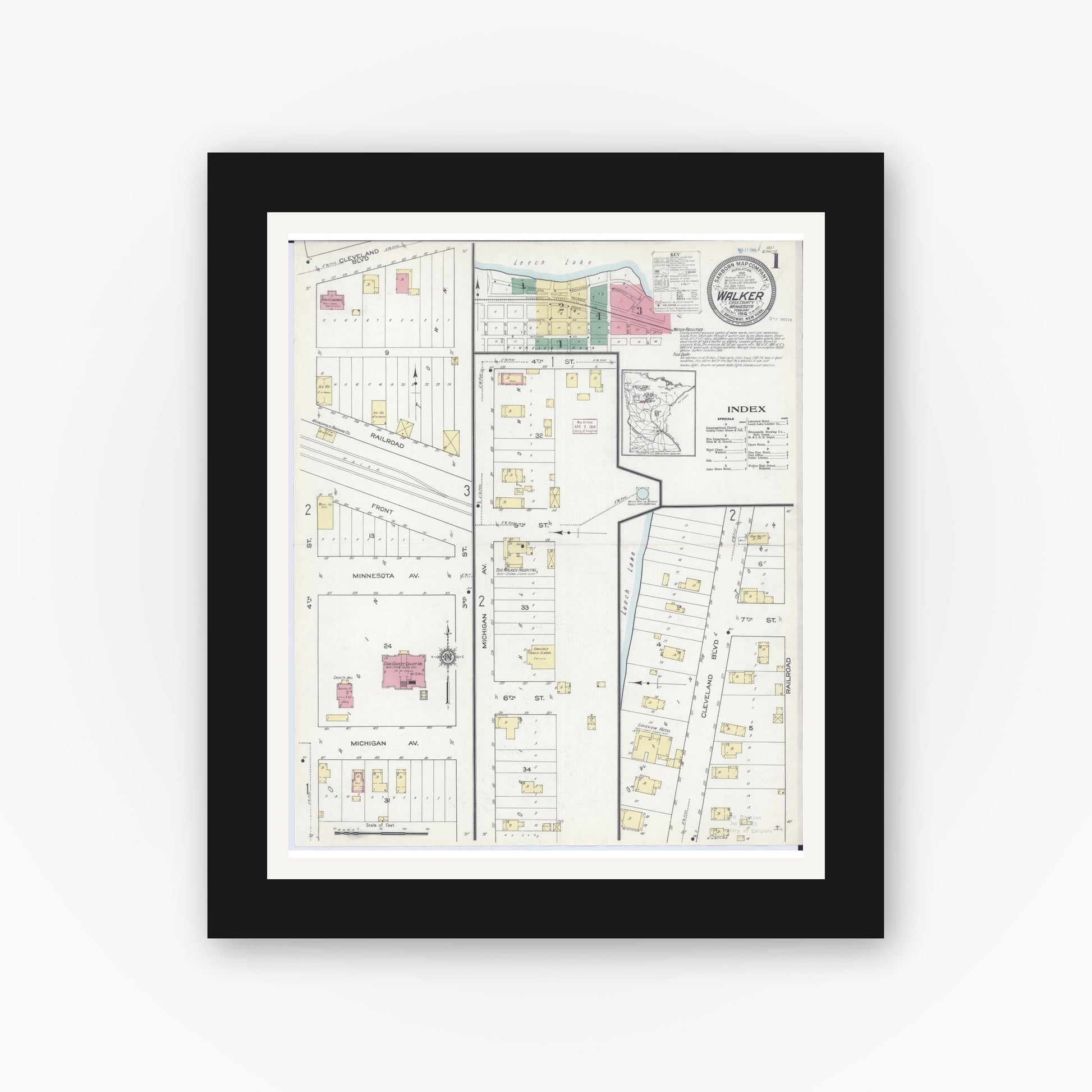 Old map wall art mockup — black gallery frame with white mat — Sanborn Fire Insurance Map from Walker, Cass County, Minnesota (1914), Sheet #0001