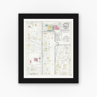 Old map wall art mockup — black gallery frame with white mat — Sanborn Fire Insurance Map from Walker, Cass County, Minnesota (1914), Sheet #0001