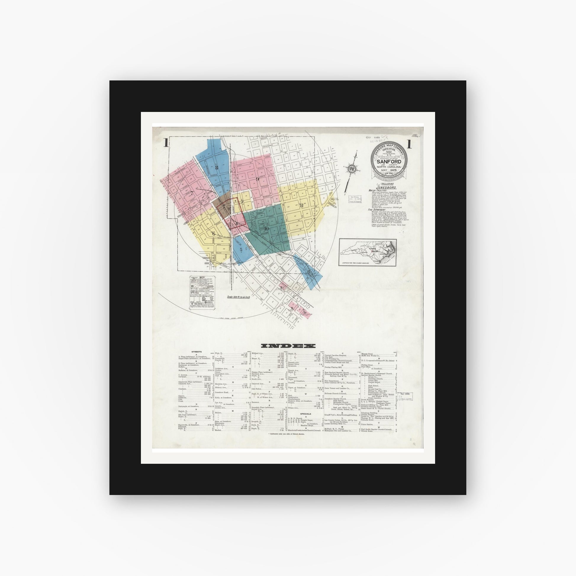 Old map wall art mockup — black gallery frame with white mat — Sanborn Fire Insurance Map from Sanford, Lee County, North Carolina (1925) - Complete Map Set