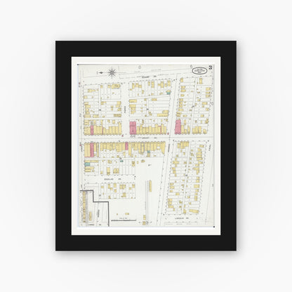Old map wall art mockup — black gallery frame with white mat — Sanborn Fire Insurance Map from Eveleth, Saint Louis County, Minnesota (1900), Sheet #0003