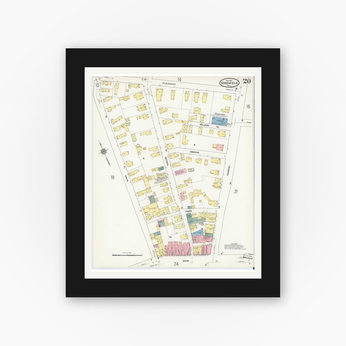 Old map wall art mockup — black gallery frame with white mat — Sanborn Fire Insurance Map from Greenfield, Franklin County, Massachusetts (1909), Sheet #0020