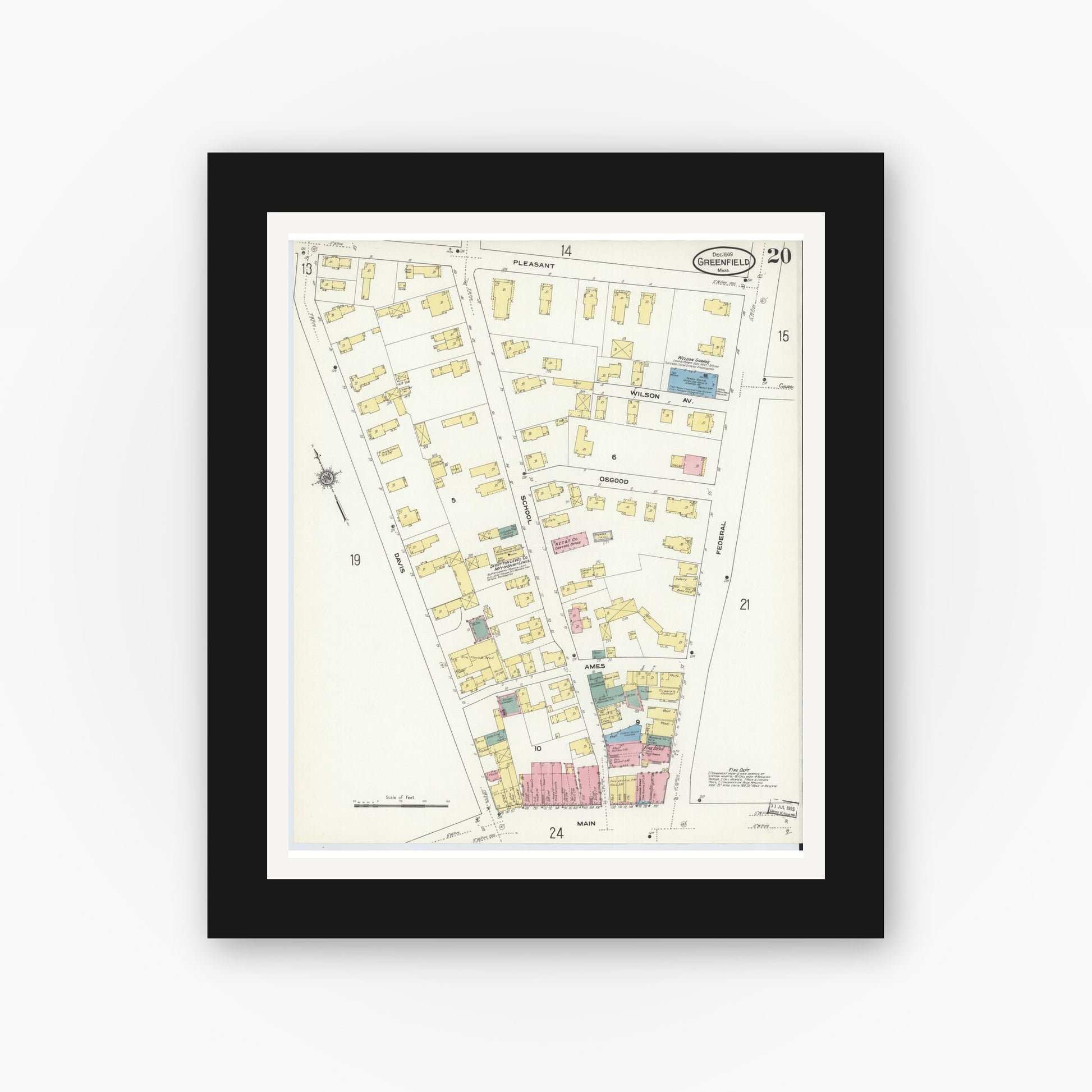 Old map wall art mockup — black gallery frame with white mat — Sanborn Fire Insurance Map from Greenfield, Franklin County, Massachusetts (1909), Sheet #0020