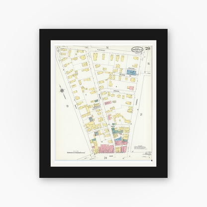 Old map wall art mockup — black gallery frame with white mat — Sanborn Fire Insurance Map from Greenfield, Franklin County, Massachusetts (1909), Sheet #0020
