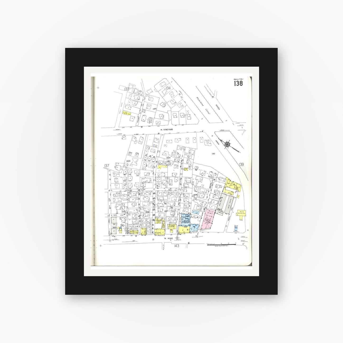 Old map wall art mockup — black gallery frame with white mat — Sanborn Fire Insurance Map from Honolulu, Oahu County, Hawaii (1955), Sheet #0138
