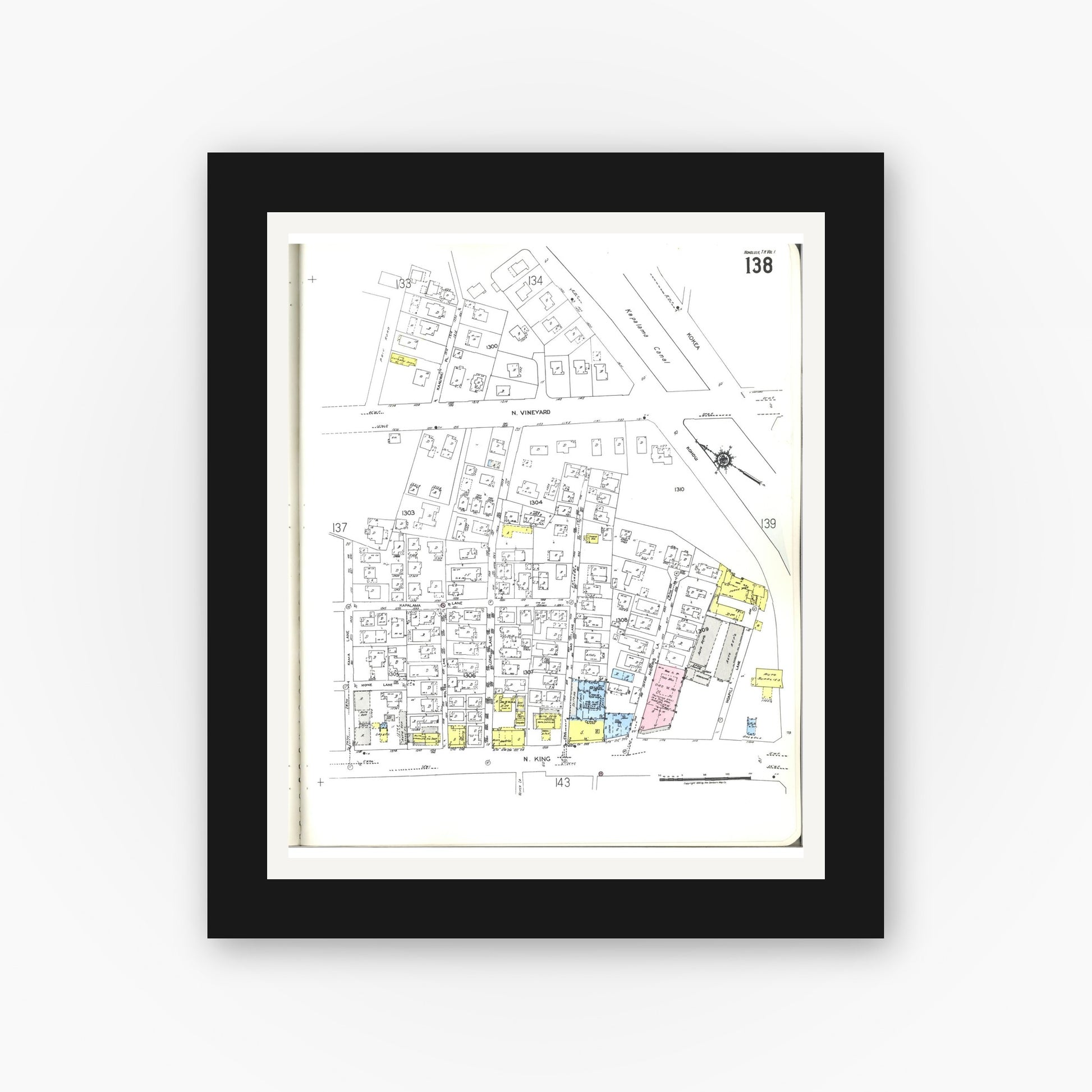Old map wall art mockup — black gallery frame with white mat — Sanborn Fire Insurance Map from Honolulu, Oahu County, Hawaii (1955), Sheet #0138