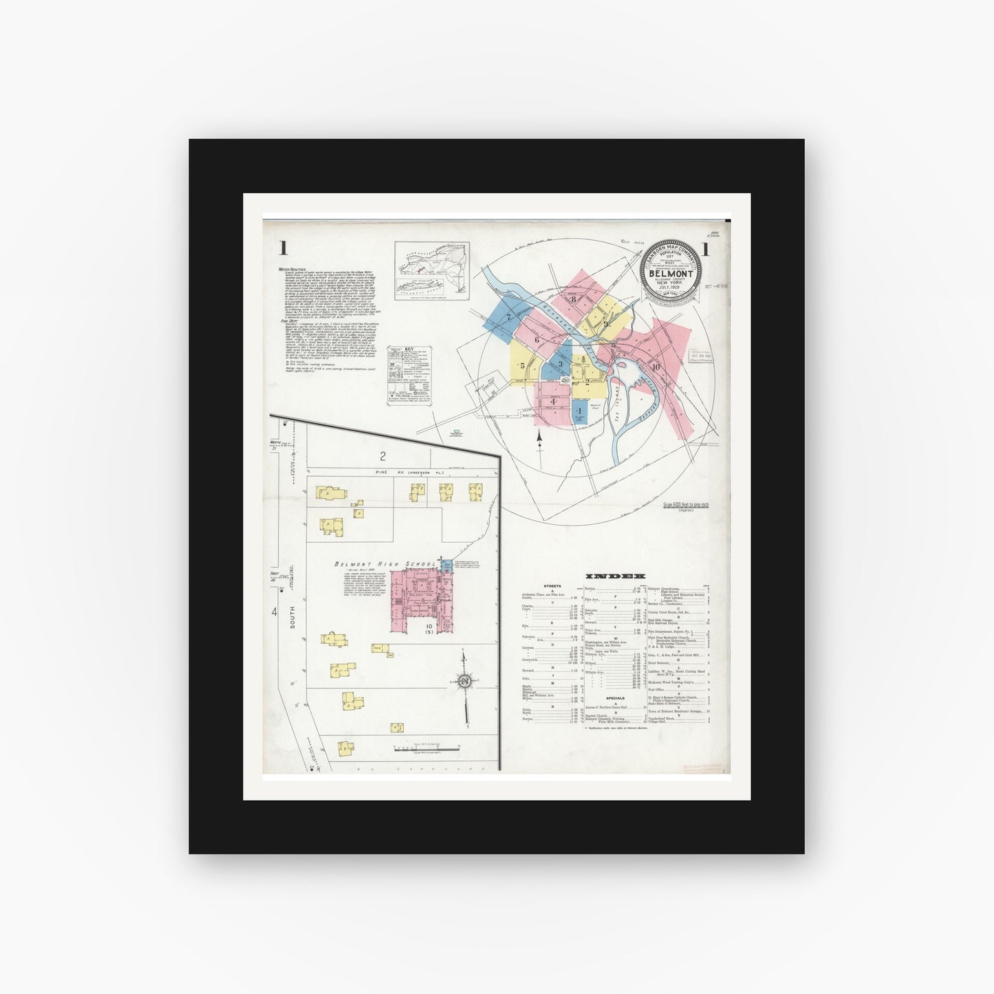 Old map wall art mockup — black gallery frame with white mat — Sanborn Fire Insurance Map from Bellport, Suffolk County, New York (1910) - Complete Map Set