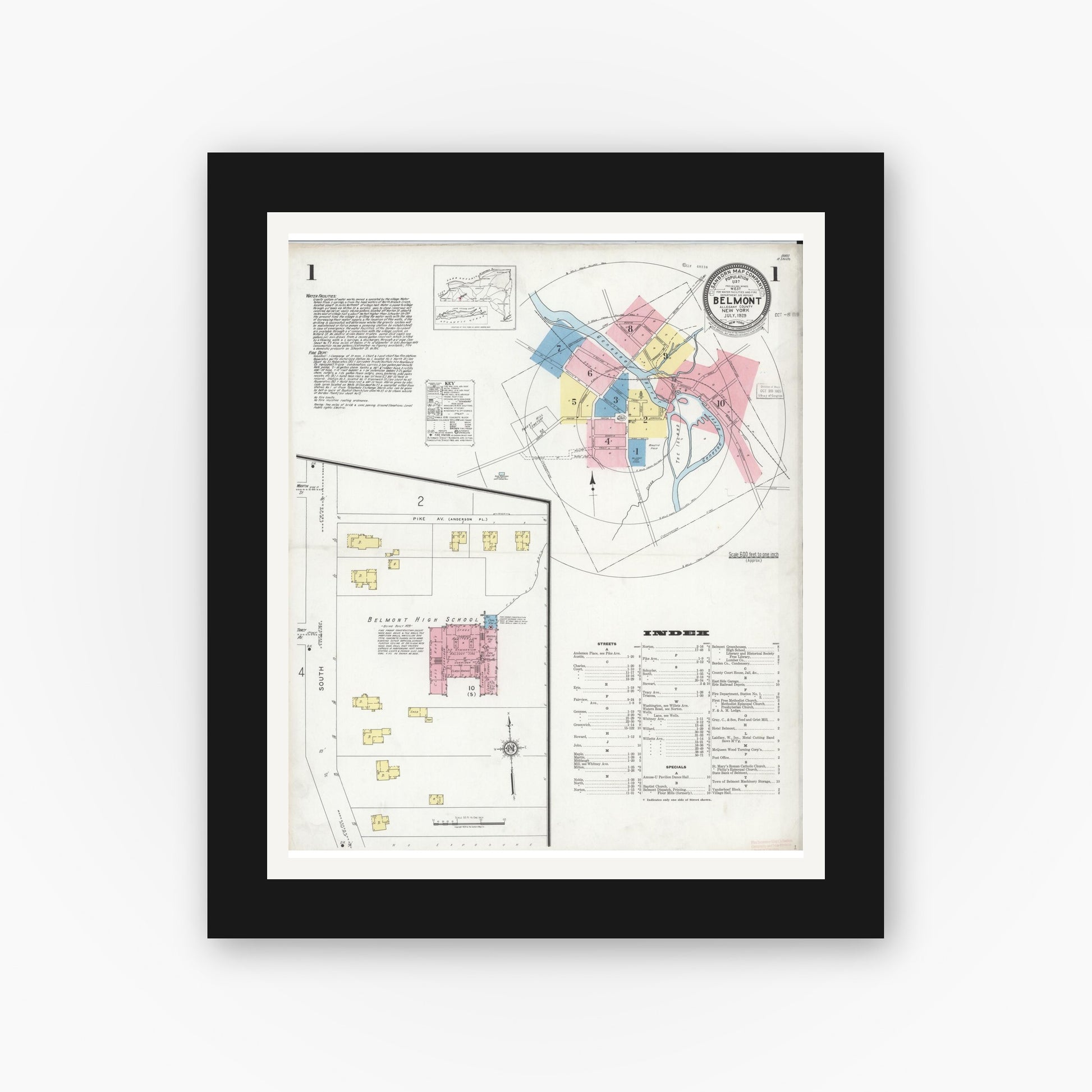 Old map wall art mockup — black gallery frame with white mat — Sanborn Fire Insurance Map from Bellport, Suffolk County, New York (1910) - Complete Map Set