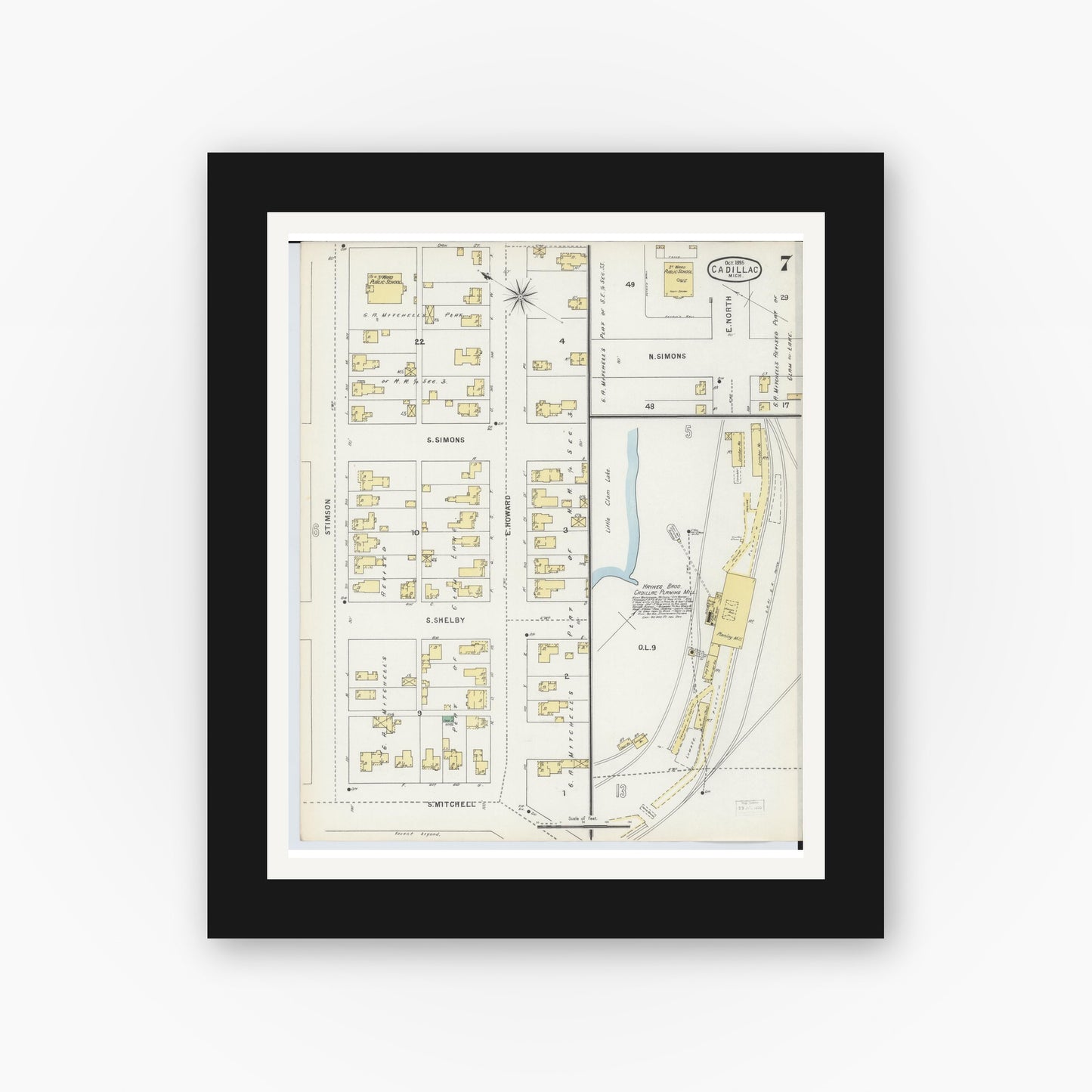 Old map wall art mockup — black gallery frame with white mat — Sanborn Fire Insurance Map from Cadillac, Wexford County, Michigan (1895), Sheet #0007
