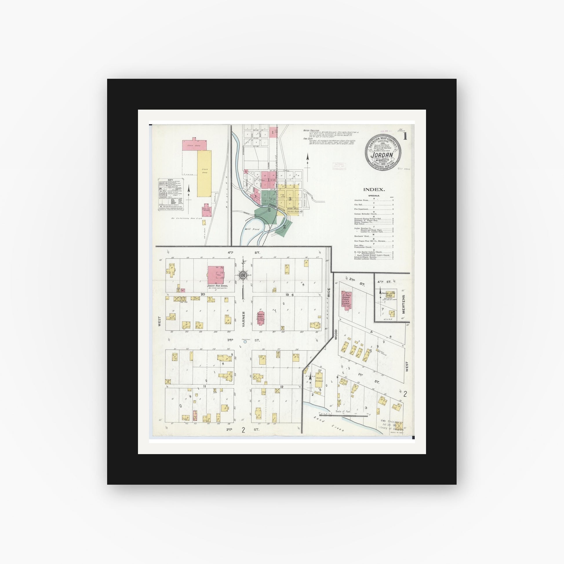 Old map wall art mockup — black gallery frame with white mat — Sanborn Fire Insurance Map from Jordan, Scott County, Minnesota (1910), Sheet #0001