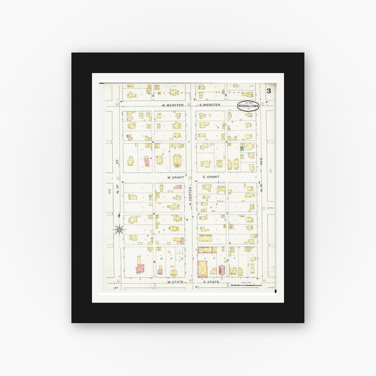 Old map wall art mockup — black gallery frame with white mat — Sanborn Fire Insurance Map from Marshalltown, Marshall County, Iowa (1894), Sheet #0003
