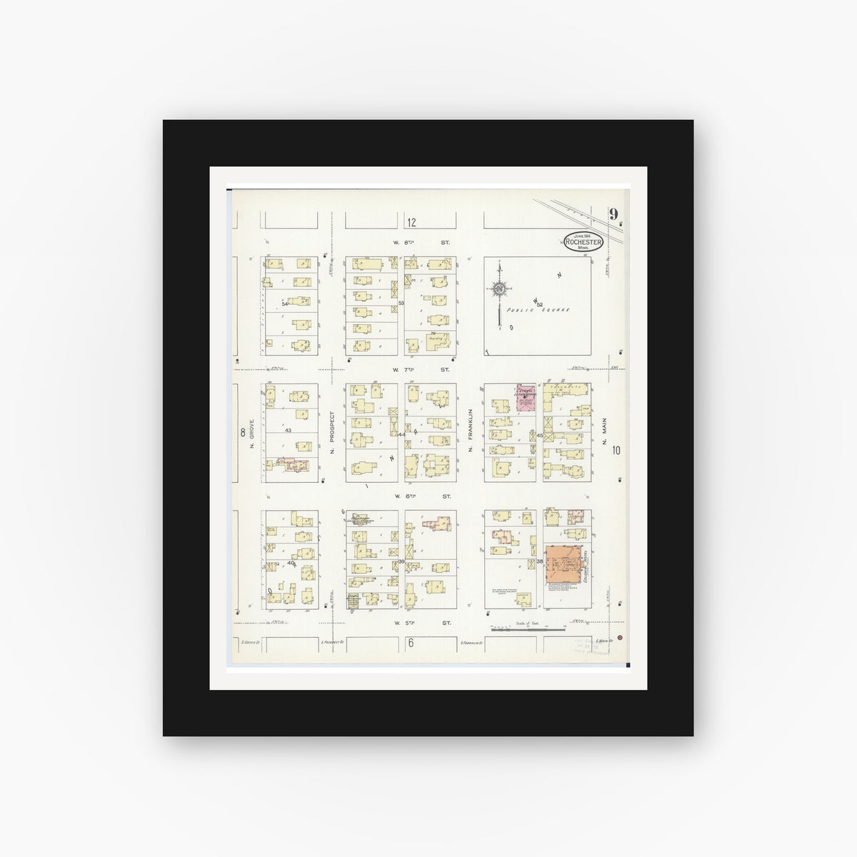 Old map wall art mockup — black gallery frame with white mat — Sanborn Fire Insurance Map from Rochester, Olmsted County, Minnesota (1914), Sheet #0009