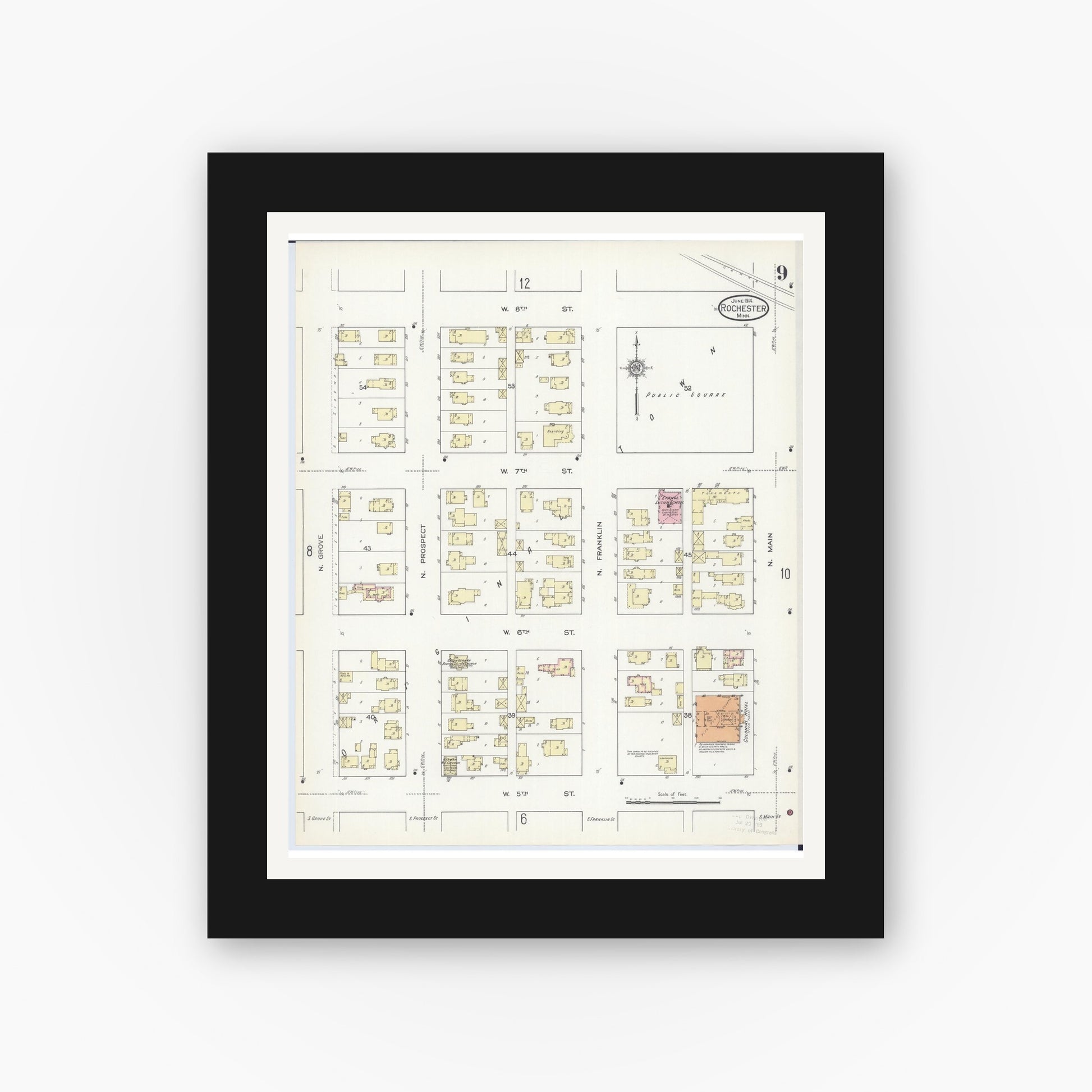 Old map wall art mockup — black gallery frame with white mat — Sanborn Fire Insurance Map from Rochester, Olmsted County, Minnesota (1914), Sheet #0009