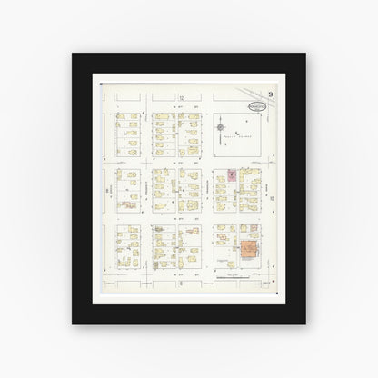 Old map wall art mockup — black gallery frame with white mat — Sanborn Fire Insurance Map from Rochester, Olmsted County, Minnesota (1914), Sheet #0009