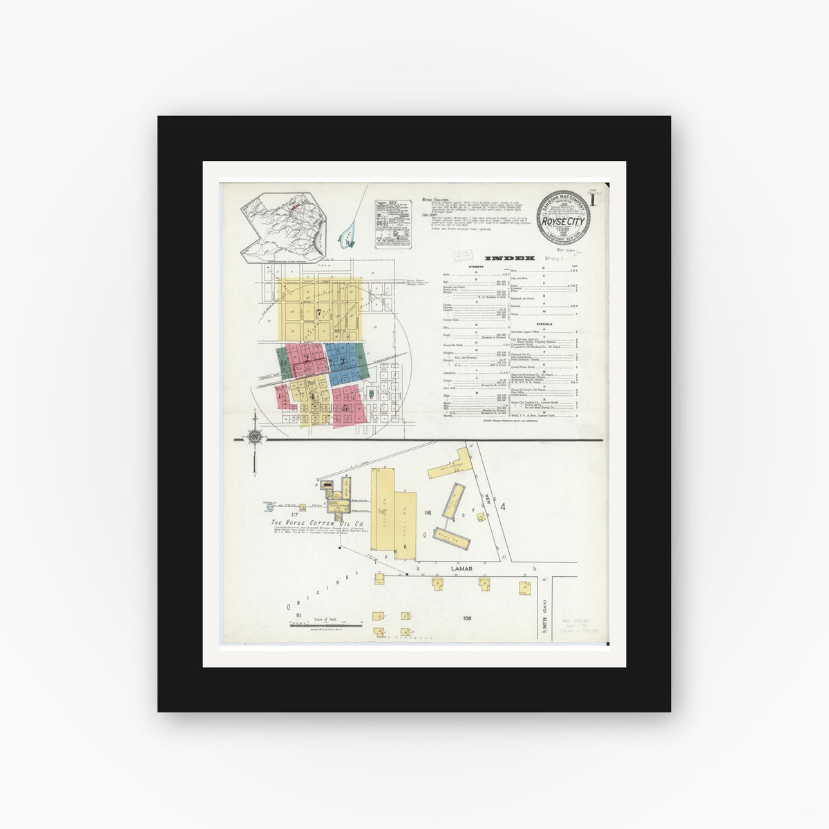 Old map wall art mockup — black gallery frame with white mat — Sanborn Fire Insurance Map from Royse City, Rockwell County, Texas (1921), Sheet #0001