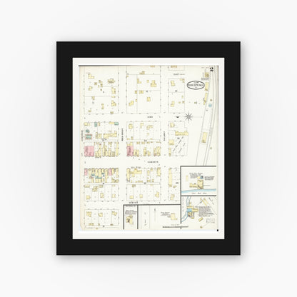 Old map wall art mockup — black gallery frame with white mat — Sanborn Fire Insurance Map from Nora Springs, Floyd County, Iowa (1896), Sheet #0002