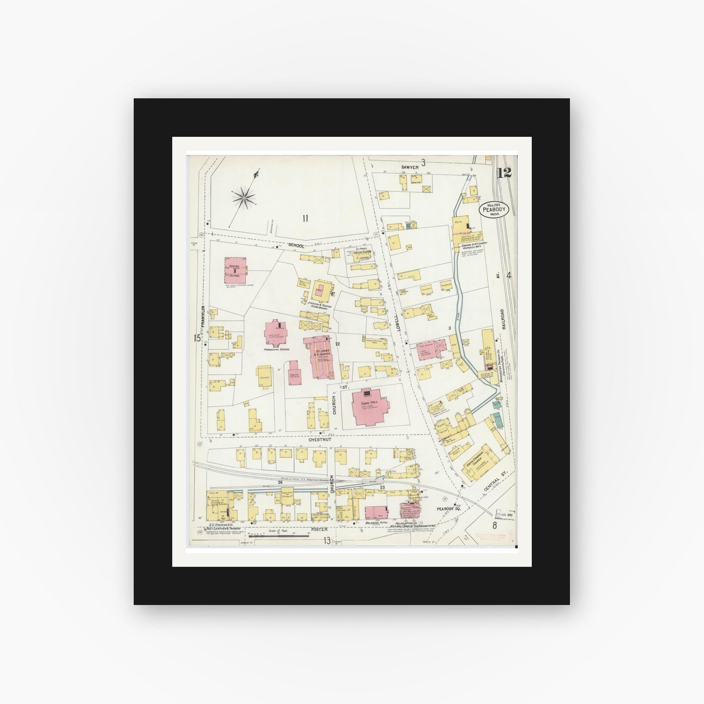 Old map wall art mockup — black gallery frame with white mat — Sanborn Fire Insurance Map from Peabody, Essex County, Massachusetts (1903), Sheet #0012