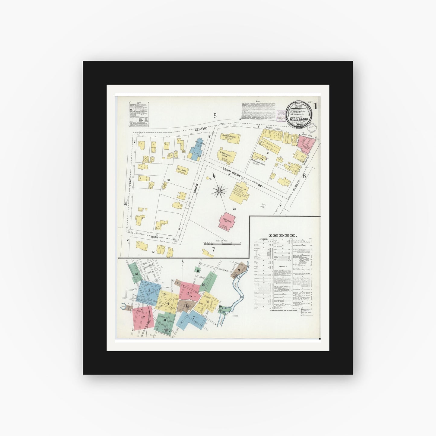 Old map wall art mockup — black gallery frame with white mat — Sanborn Fire Insurance Map from Middleboro, Plymouth County, Massachusetts (1901) - Complete Map Set