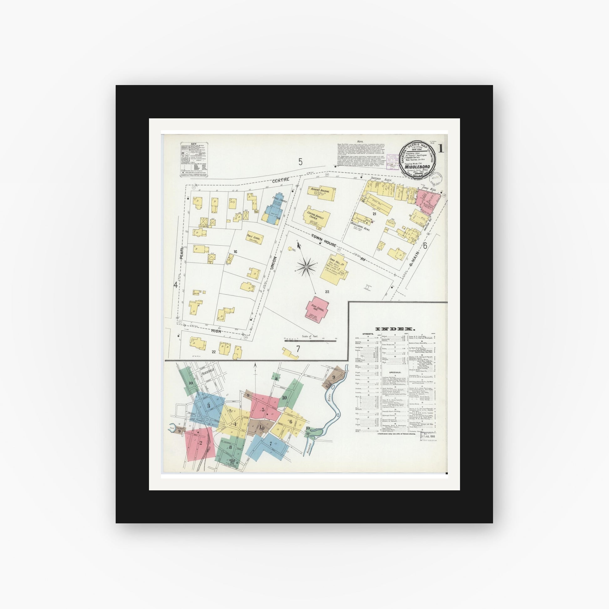 Old map wall art mockup — black gallery frame with white mat — Sanborn Fire Insurance Map from Middleboro, Plymouth County, Massachusetts (1901) - Complete Map Set