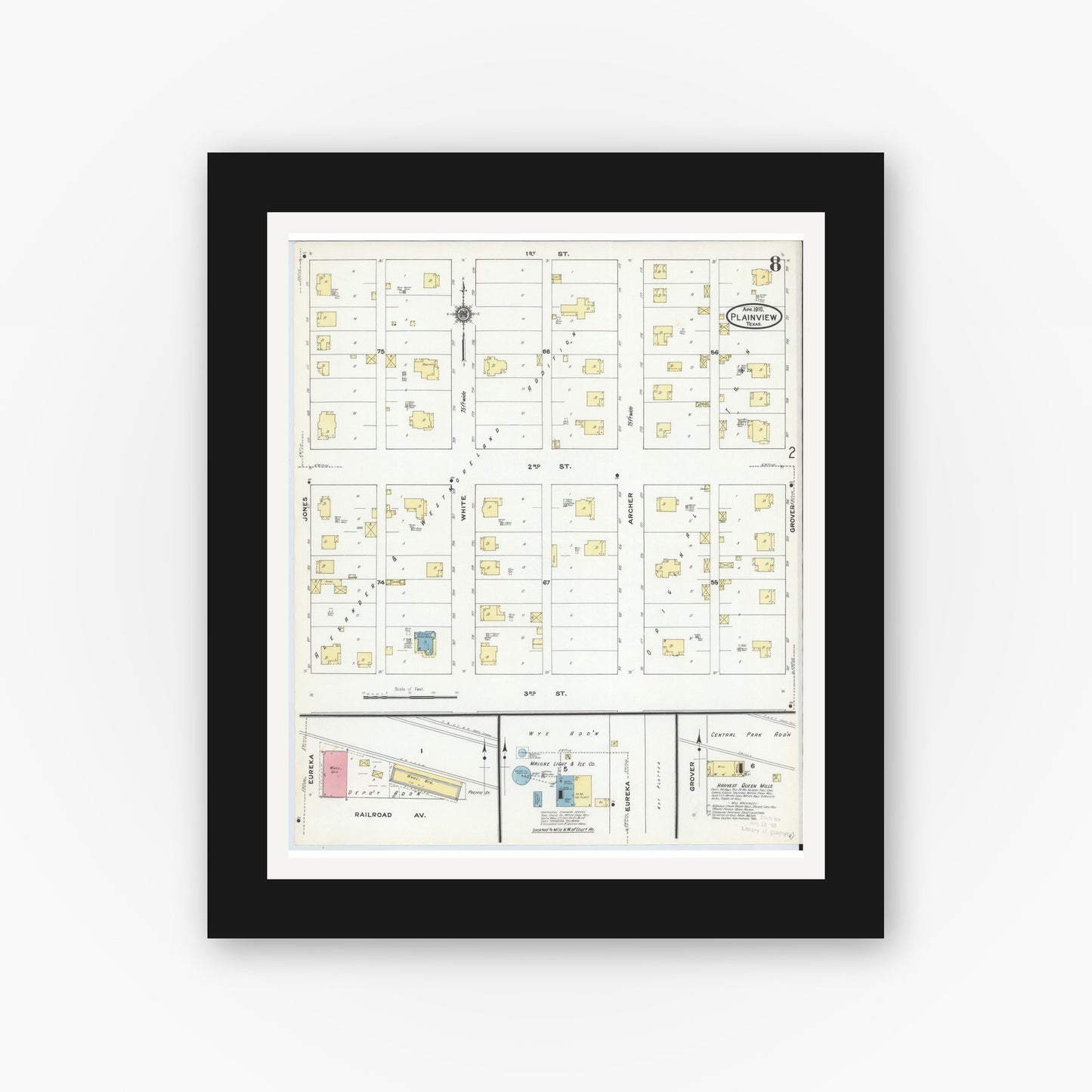 Old map wall art mockup — black gallery frame with white mat — Sanborn Fire Insurance Map from Plainview, Hale County, Texas (1910), Sheet #0008