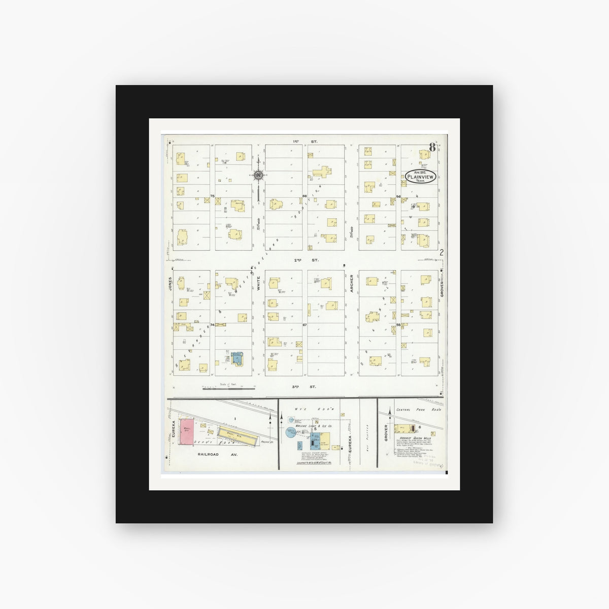 Old map wall art mockup — black gallery frame with white mat — Sanborn Fire Insurance Map from Plainview, Hale County, Texas (1910), Sheet #0008