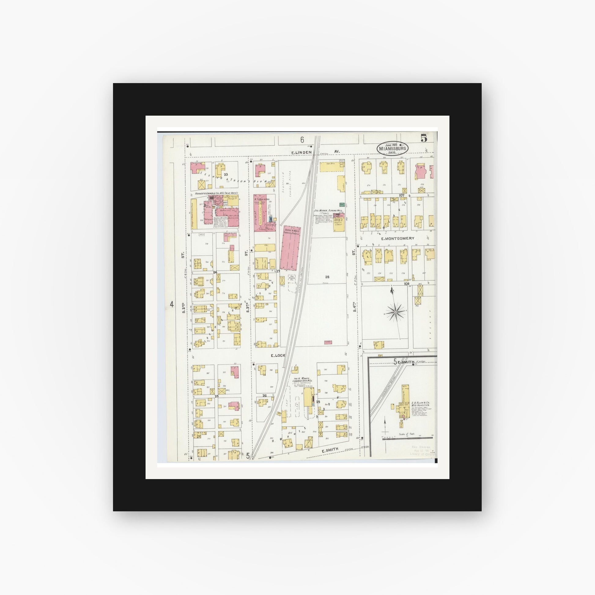 Old map wall art mockup — black gallery frame with white mat — Sanborn Fire Insurance Map from Miamisburg, Montgomery County, Ohio (1905), Sheet #0005