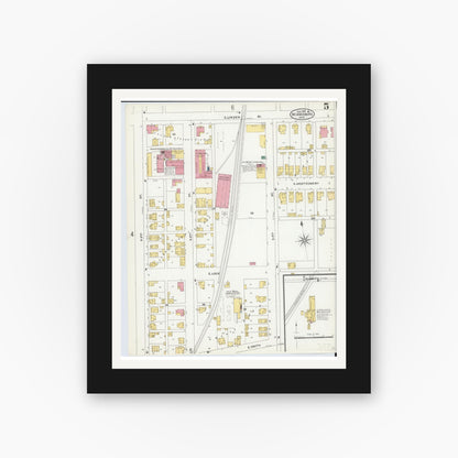Old map wall art mockup — black gallery frame with white mat — Sanborn Fire Insurance Map from Miamisburg, Montgomery County, Ohio (1905), Sheet #0005