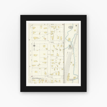 Old map wall art mockup — black gallery frame with white mat — Sanborn Fire Insurance Map from Hudson, St. Croix County, Wisconsin (1912), Sheet #0009