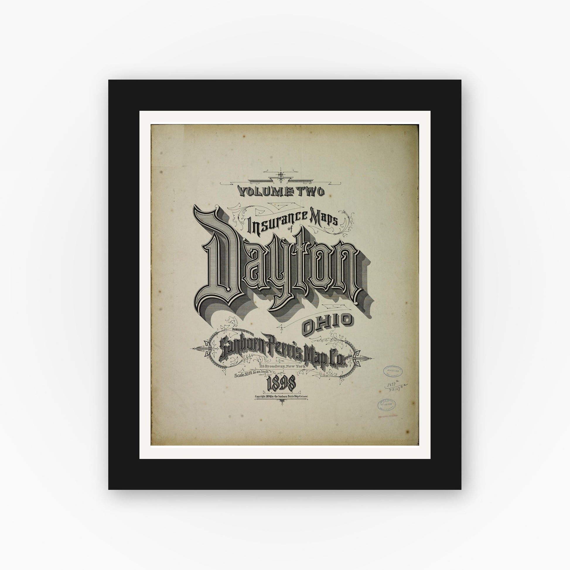 Old map wall art mockup — black gallery frame with white mat — Sanborn Fire Insurance Map from Dayton, Montgomery County, Ohio (1898), Sheet #0001