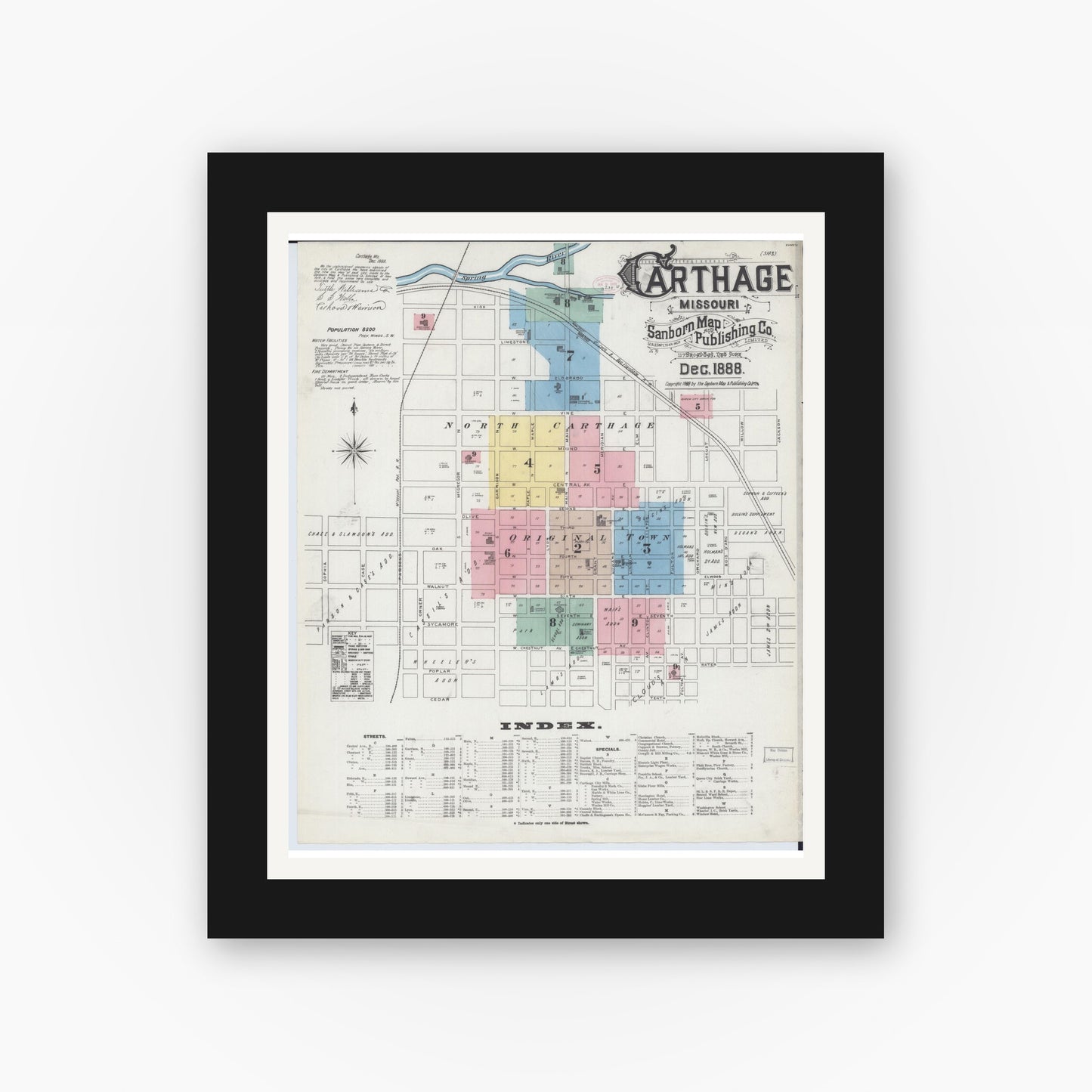 Old map wall art mockup — black gallery frame with white mat — Sanborn Fire Insurance Map from Carthage, Jasper County, Missouri (1888) - Complete Map Set