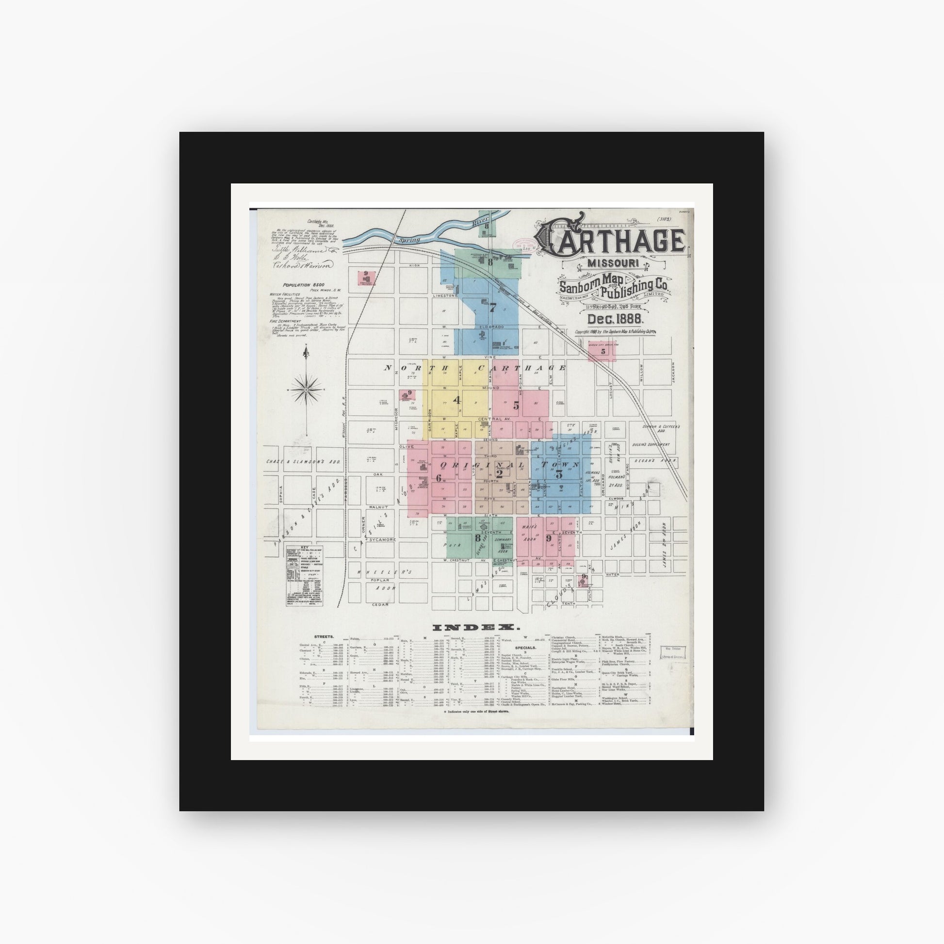 Old map wall art mockup — black gallery frame with white mat — Sanborn Fire Insurance Map from Carthage, Jasper County, Missouri (1888) - Complete Map Set