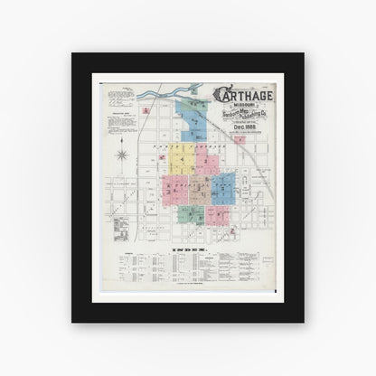 Old map wall art mockup — black gallery frame with white mat — Sanborn Fire Insurance Map from Carthage, Jasper County, Missouri (1888) - Complete Map Set