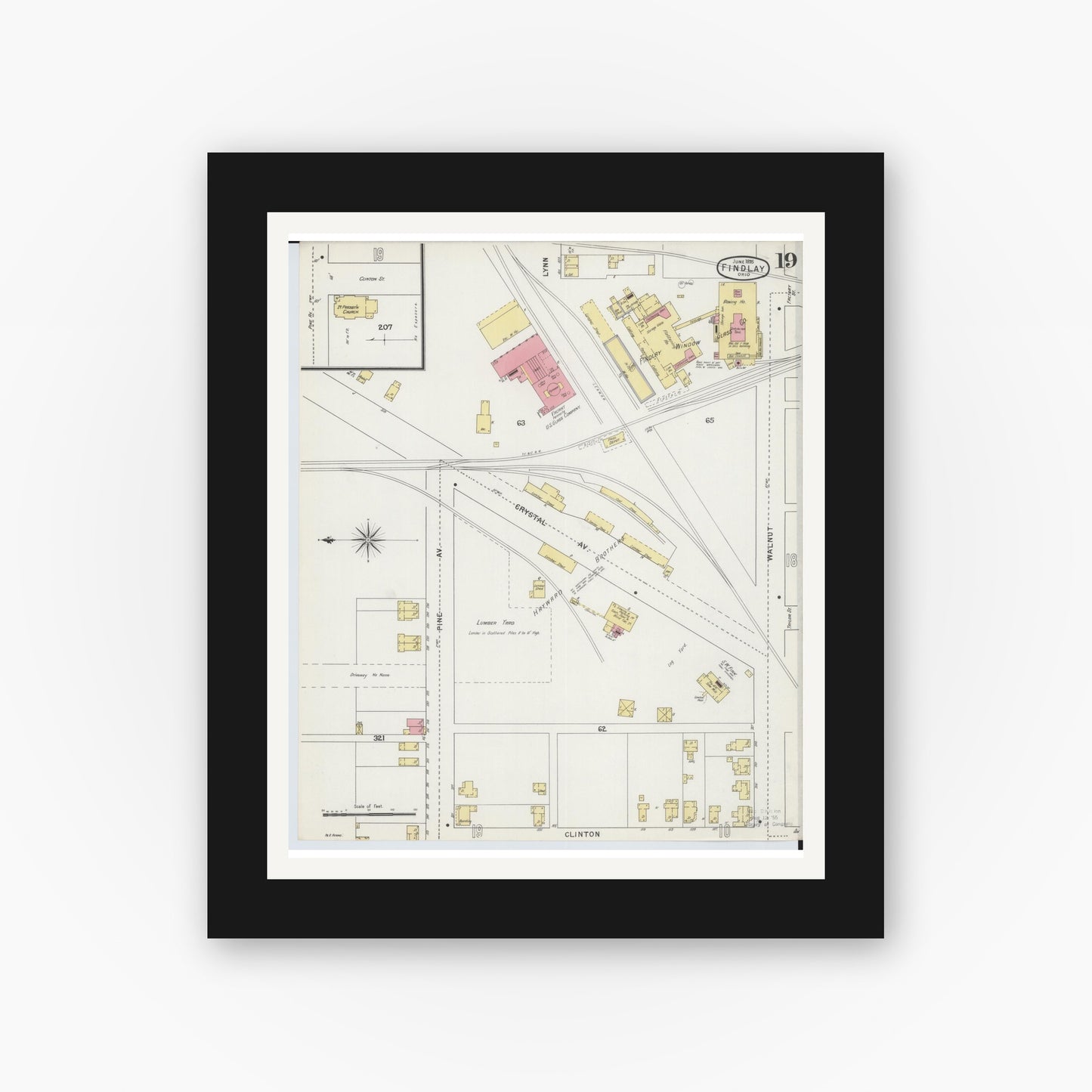 Old map wall art mockup — black gallery frame with white mat — Sanborn Fire Insurance Map from Findlay, Hancock County, Ohio (1895), Sheet #0019