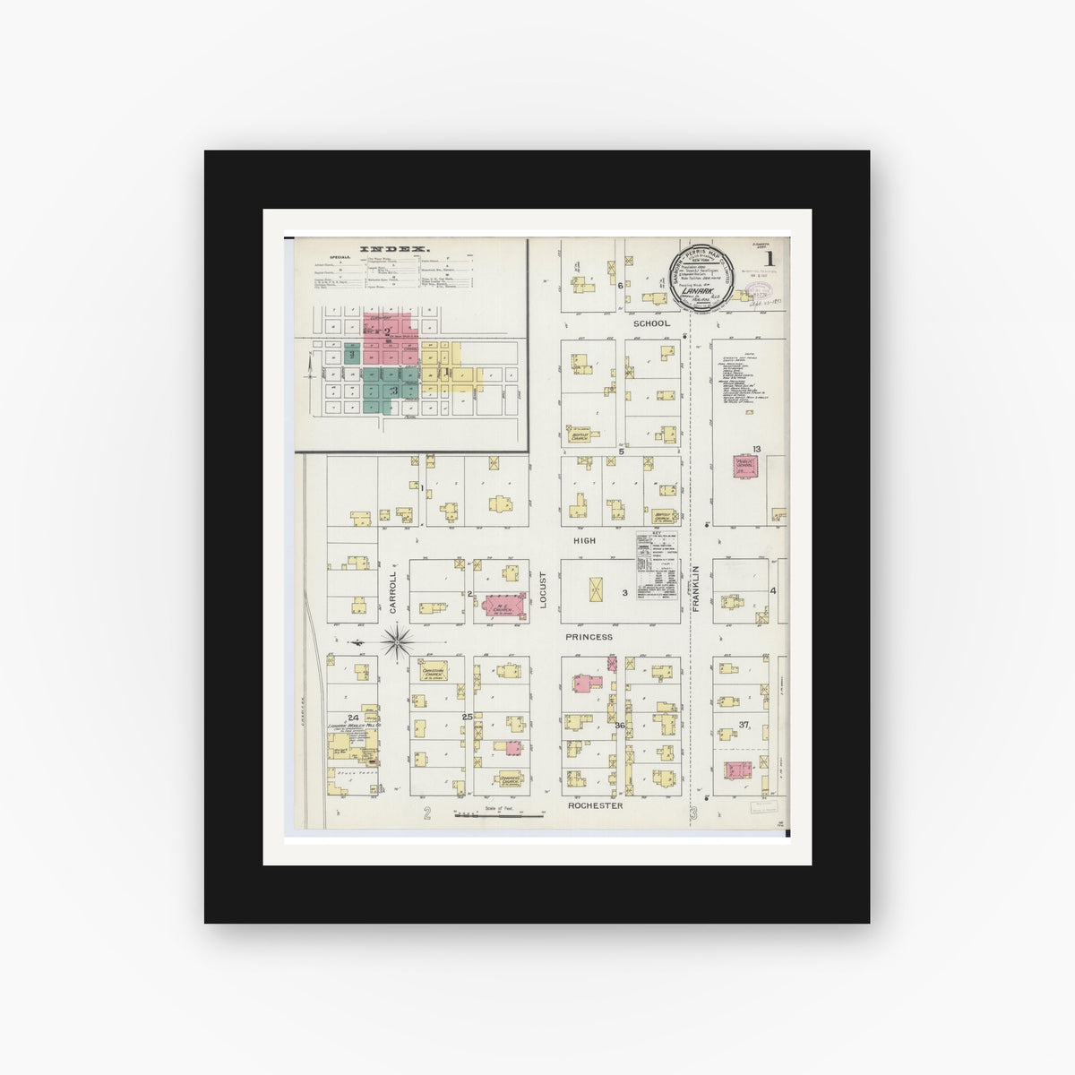 Old map wall art mockup — black gallery frame with white mat — Sanborn Fire Insurance Map from Lanark, Carroll County, Illinois (1893) - Complete Map Set