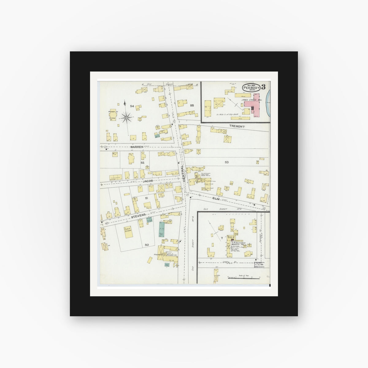 Old map wall art mockup — black gallery frame with white mat — Sanborn Fire Insurance Map from Peabody, Essex County, Massachusetts (1892), Sheet #0003