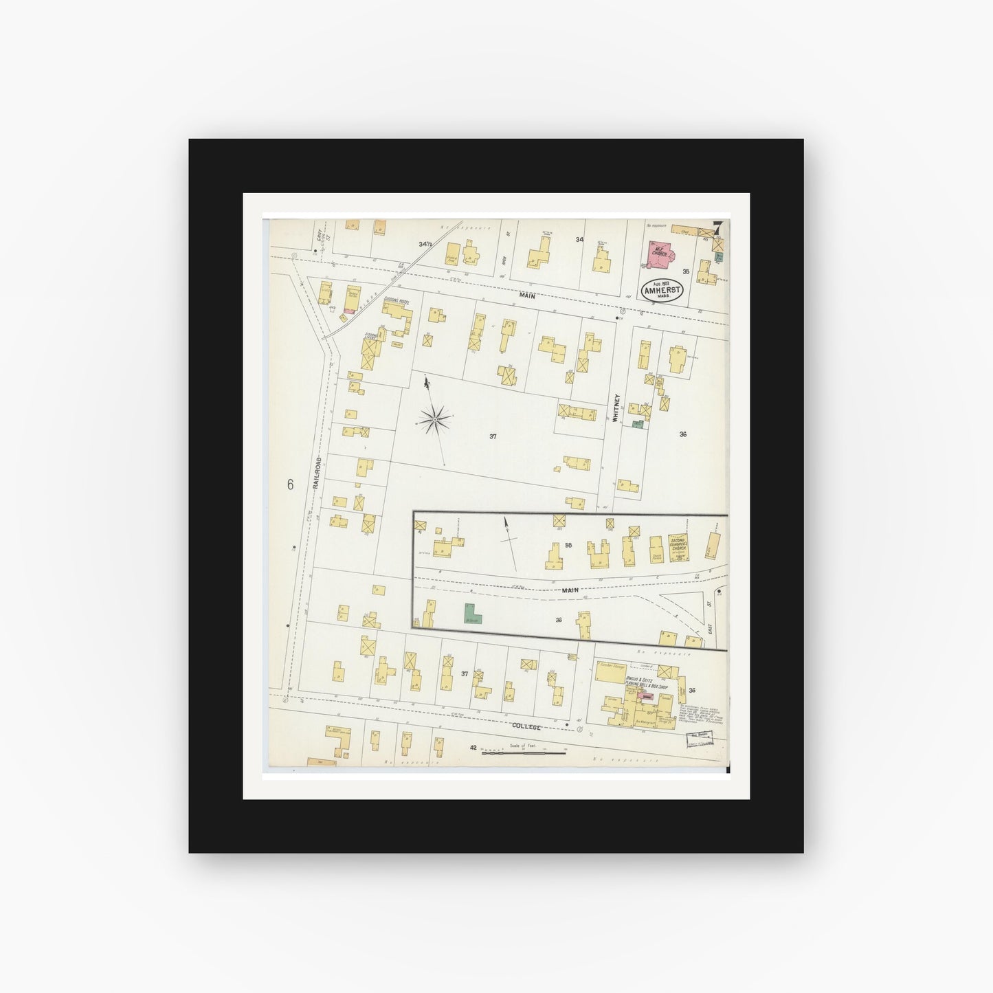 Old map wall art mockup — black gallery frame with white mat — Sanborn Fire Insurance Map from Amherst, Hampshire County, Massachusetts (1902), Sheet #0007
