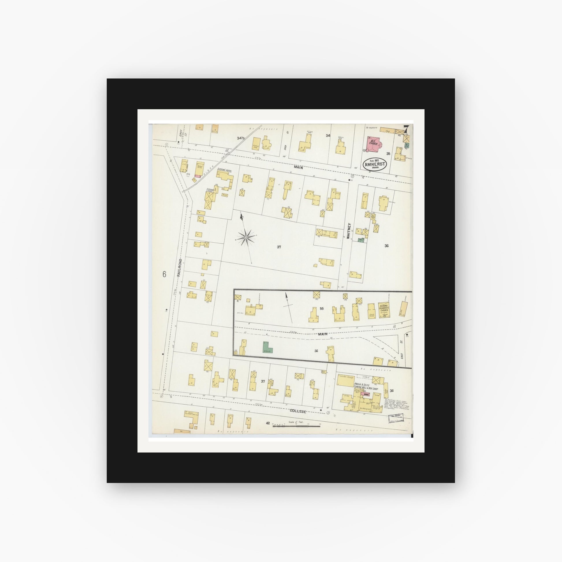 Old map wall art mockup — black gallery frame with white mat — Sanborn Fire Insurance Map from Amherst, Hampshire County, Massachusetts (1902), Sheet #0007