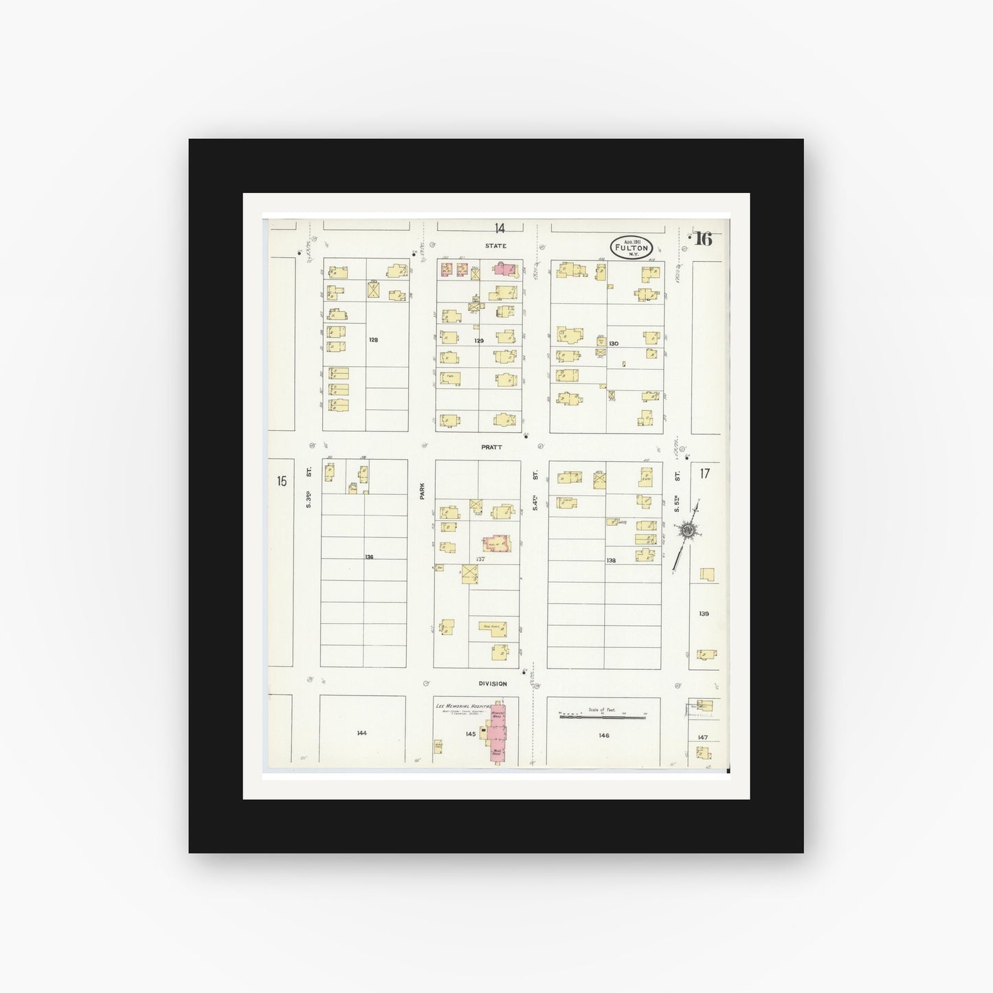 Old map wall art mockup — black gallery frame with white mat — Sanborn Fire Insurance Map from Fulton, Oswego County, New York (1911), Sheet #0016