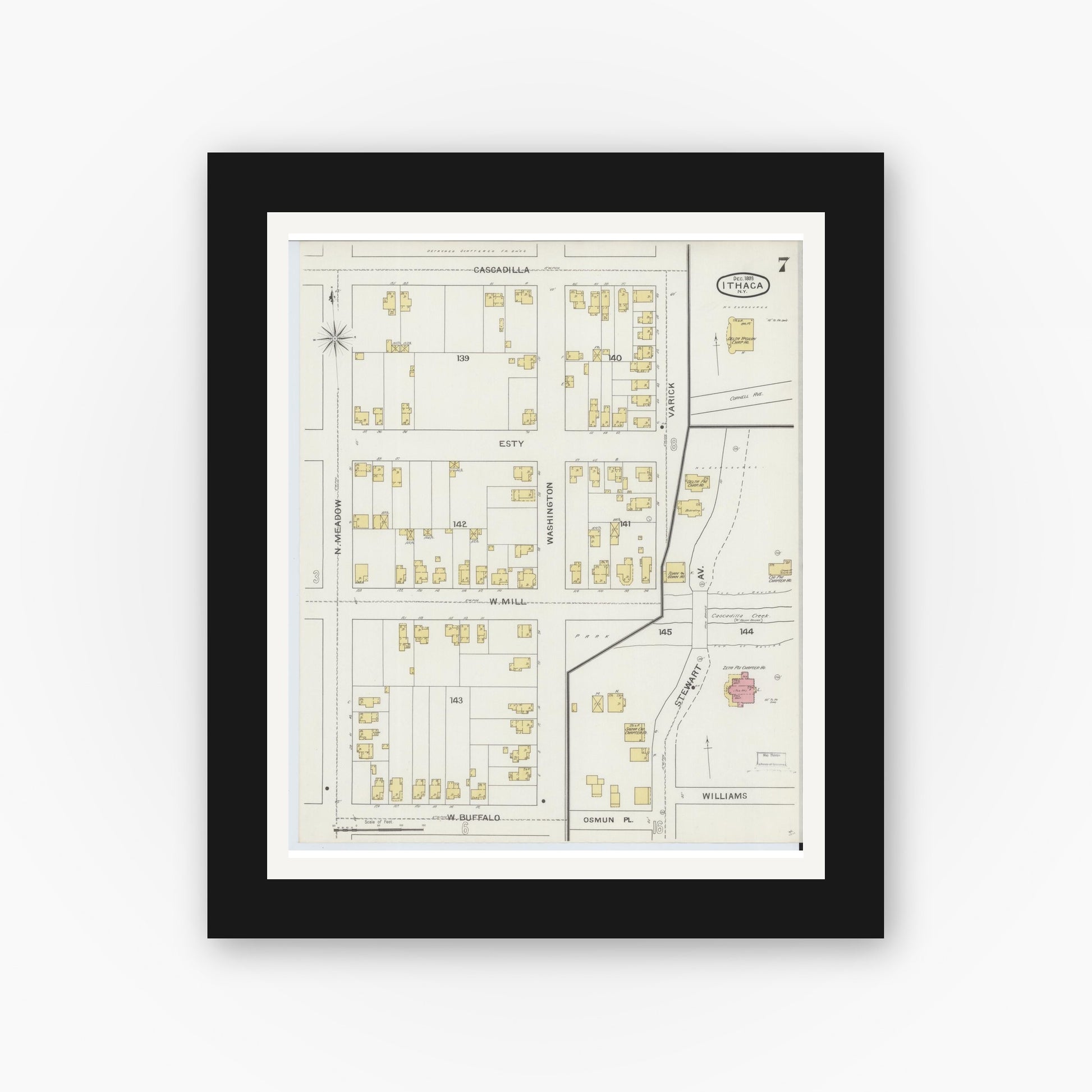 Old map wall art mockup — black gallery frame with white mat — Sanborn Fire Insurance Map from Ithaca, Tompkins County, New York (1893), Sheet #0007