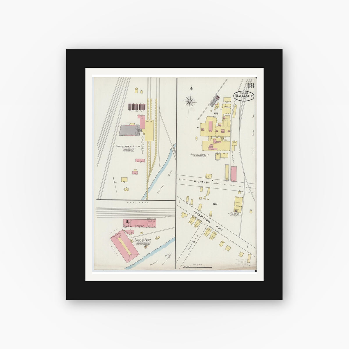 Old map wall art mockup — black gallery frame with white mat — Sanborn Fire Insurance Map from New Castle, Lawrence County, Pennsylvania (1894), Sheet #0018