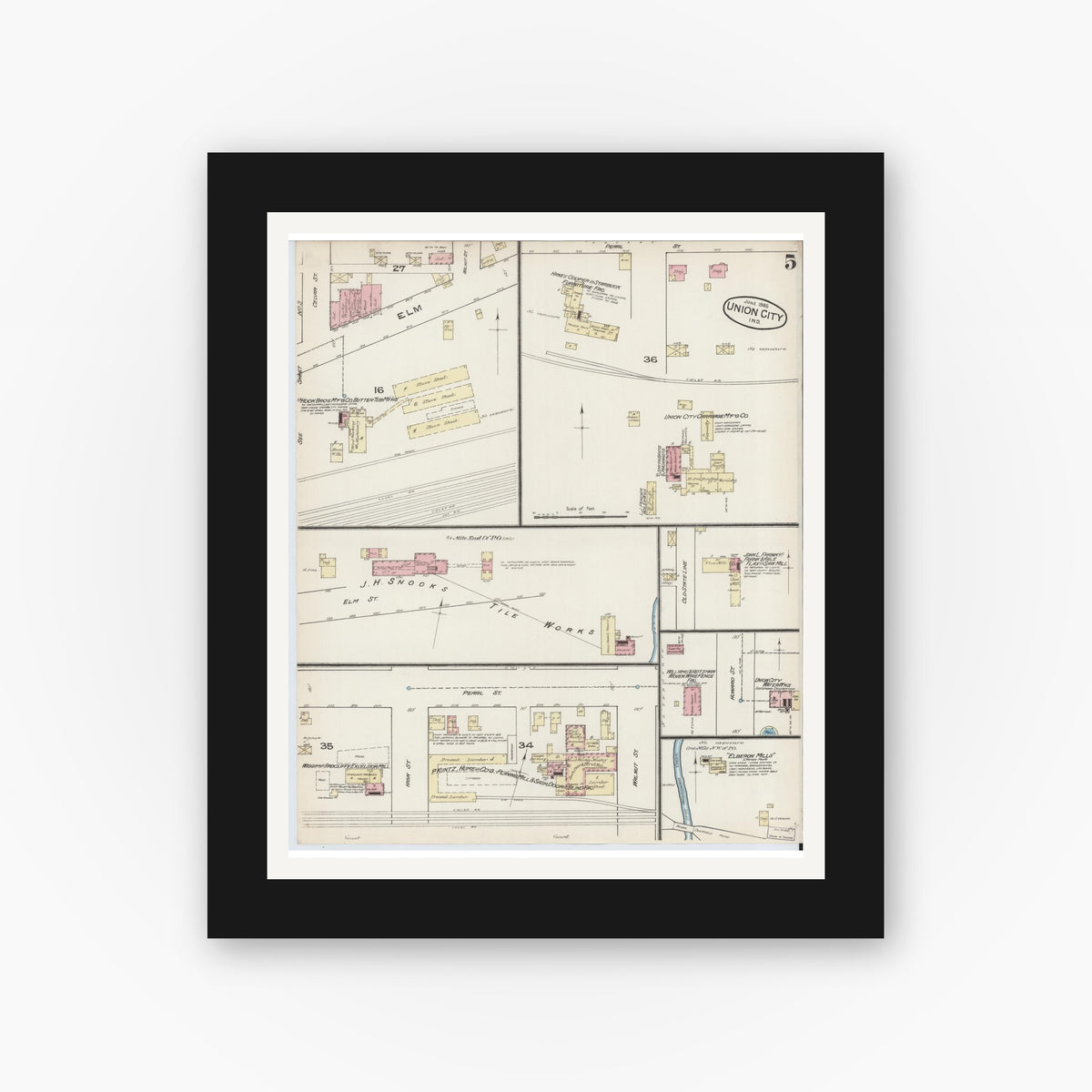 Old map wall art mockup — black gallery frame with white mat — Sanborn Fire Insurance Map from Union City, Randolph County, Indiana (1885), Sheet #0005