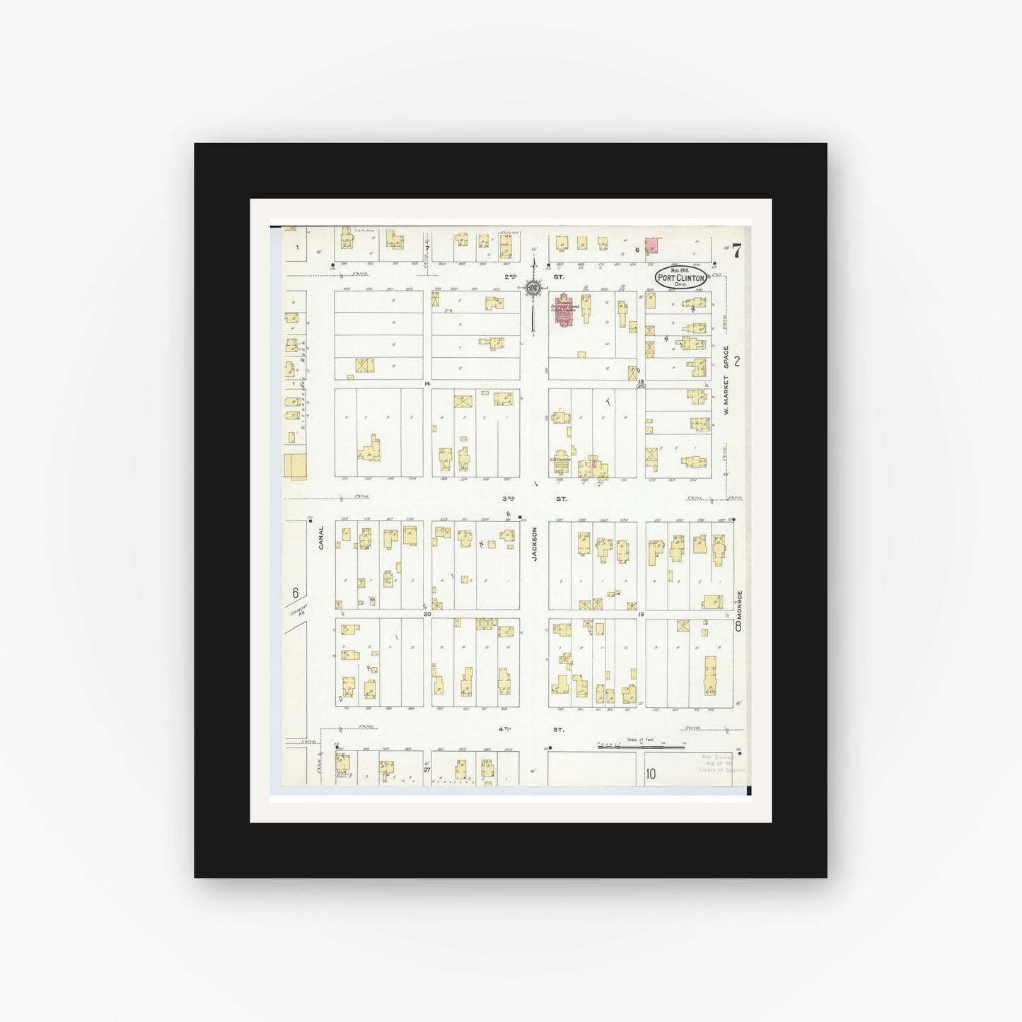 Old map wall art mockup — black gallery frame with white mat — Sanborn Fire Insurance Map from Port Clinton, Ottawa County, Ohio (1910), Sheet #0007