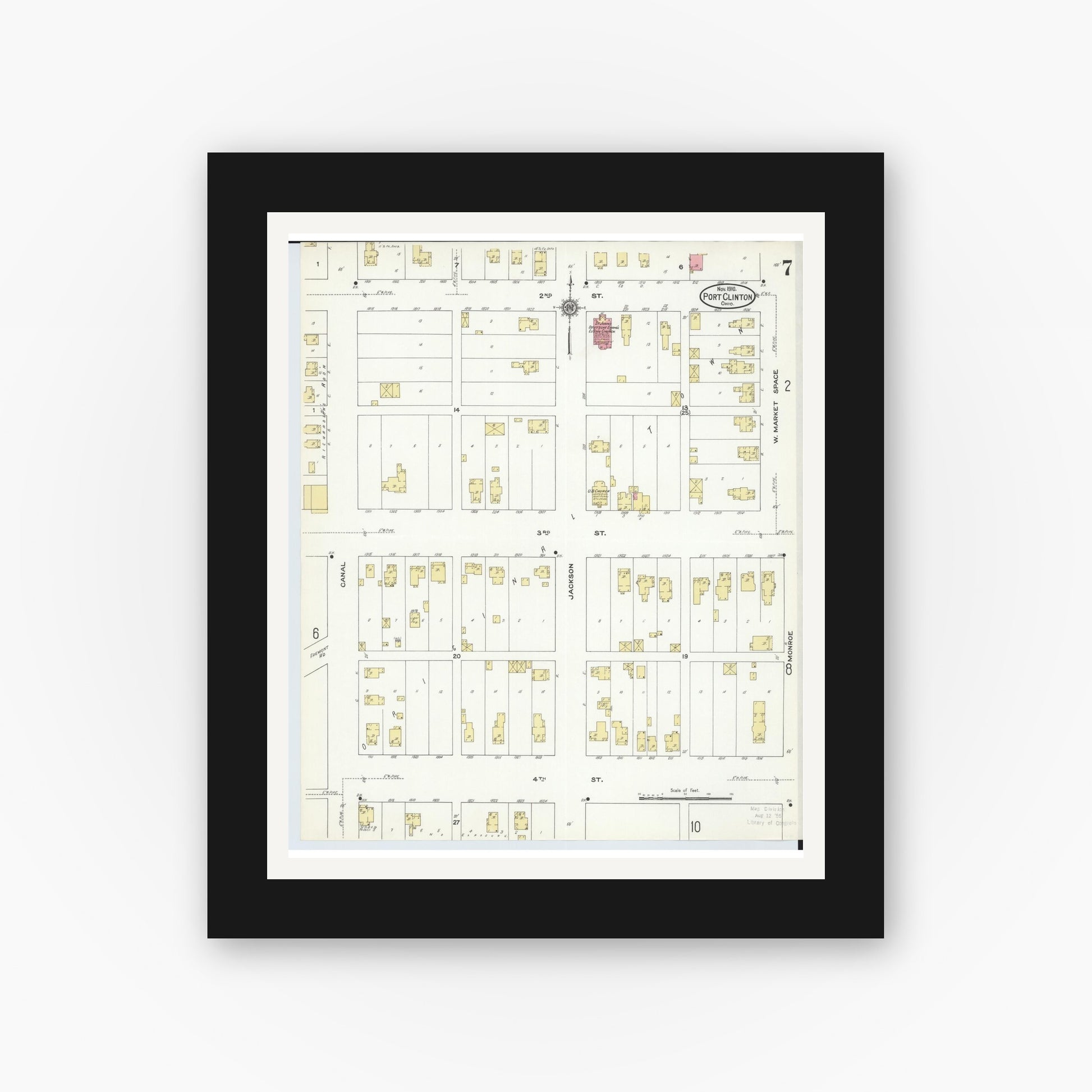 Old map wall art mockup — black gallery frame with white mat — Sanborn Fire Insurance Map from Port Clinton, Ottawa County, Ohio (1910), Sheet #0007