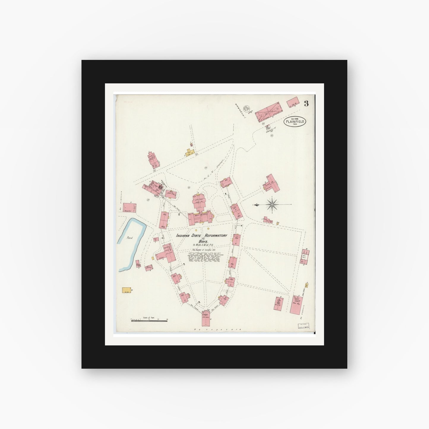 Old map wall art mockup — black gallery frame with white mat — Sanborn Fire Insurance Map from Plainfield, Hendricks County, Indiana (1898), Sheet #0003