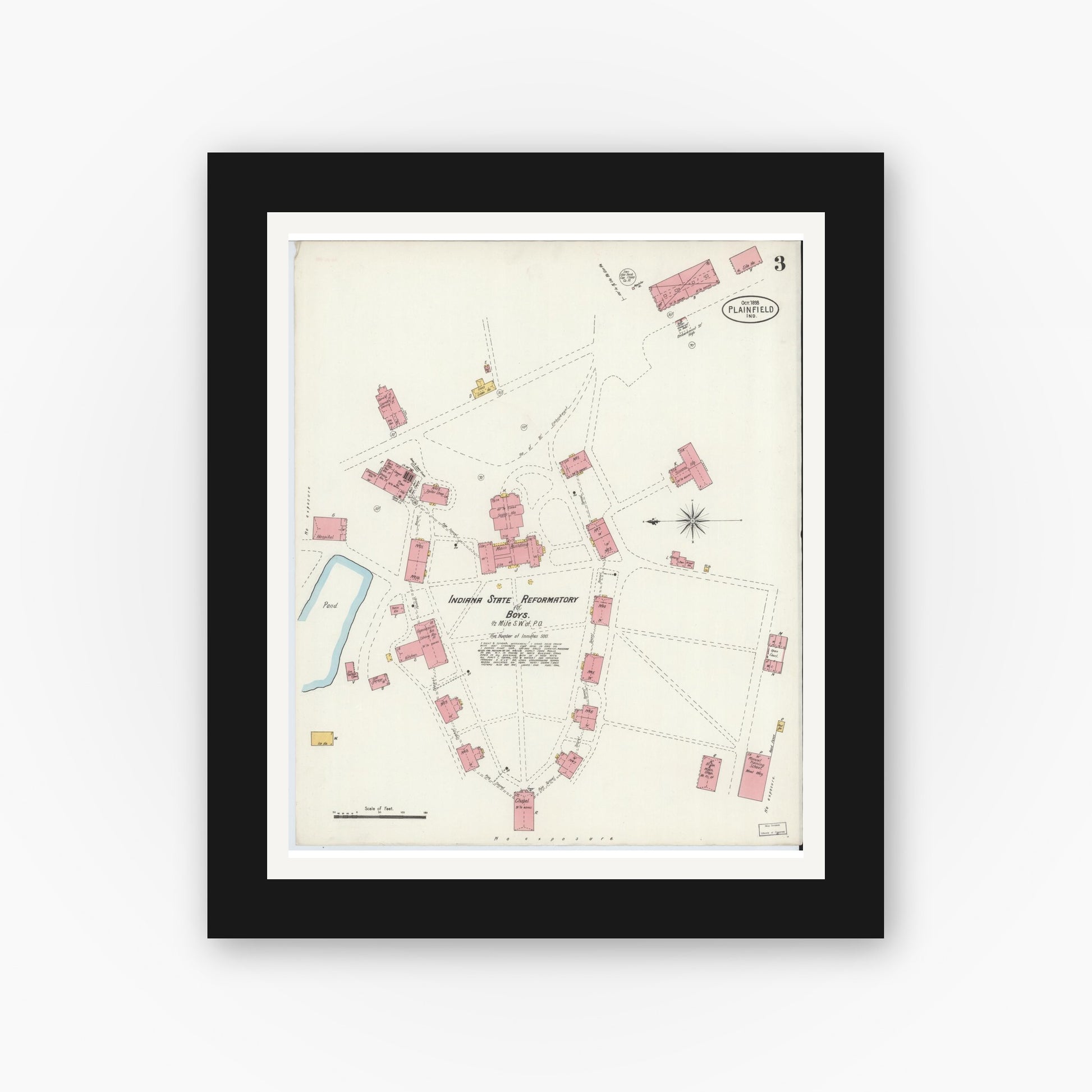 Old map wall art mockup — black gallery frame with white mat — Sanborn Fire Insurance Map from Plainfield, Hendricks County, Indiana (1898), Sheet #0003
