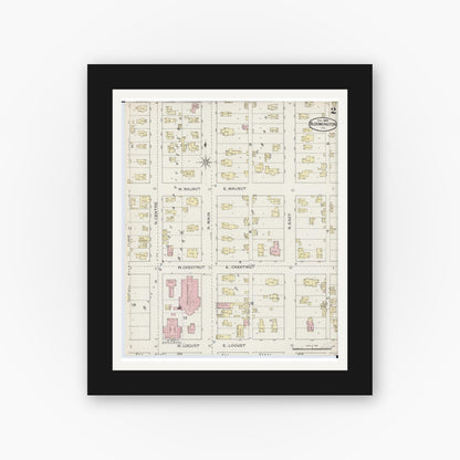 Old map wall art mockup — black gallery frame with white mat — Sanborn Fire Insurance Map from Bloomington, McLean County, Illinois (1886), Sheet #0002