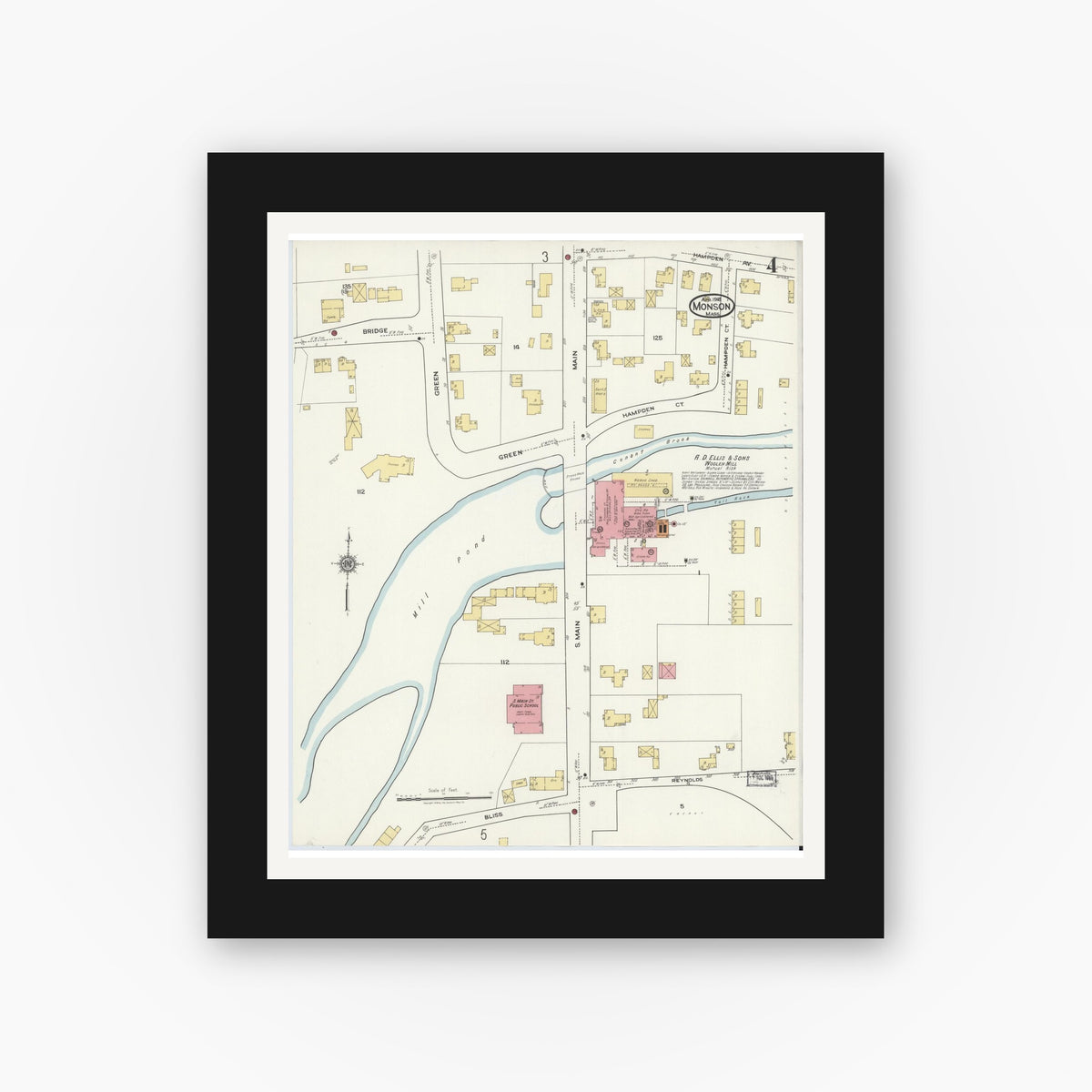 Old map wall art mockup — black gallery frame with white mat — Sanborn Fire Insurance Map from Monson, Hampden County, Massachusetts (1918), Sheet #0004
