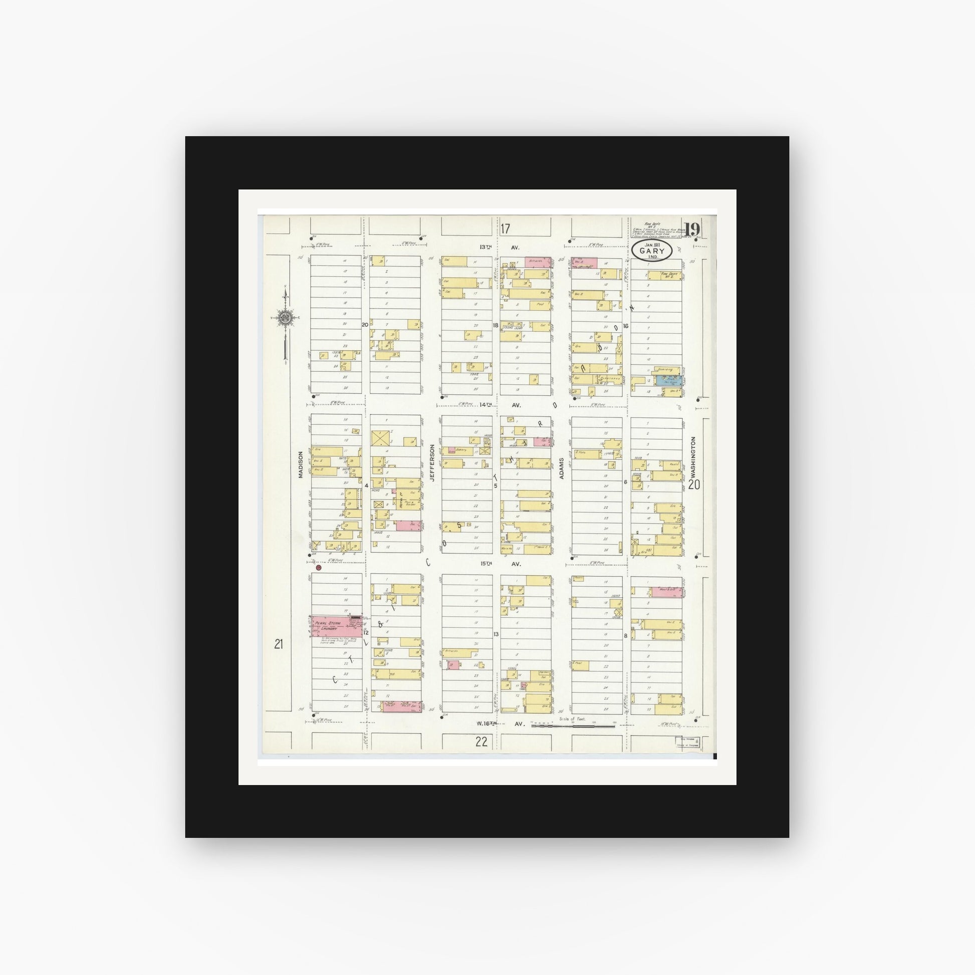 Old map wall art mockup — black gallery frame with white mat — Sanborn Fire Insurance Map from Gary, Lake County, Indiana (1911), Sheet #0019
